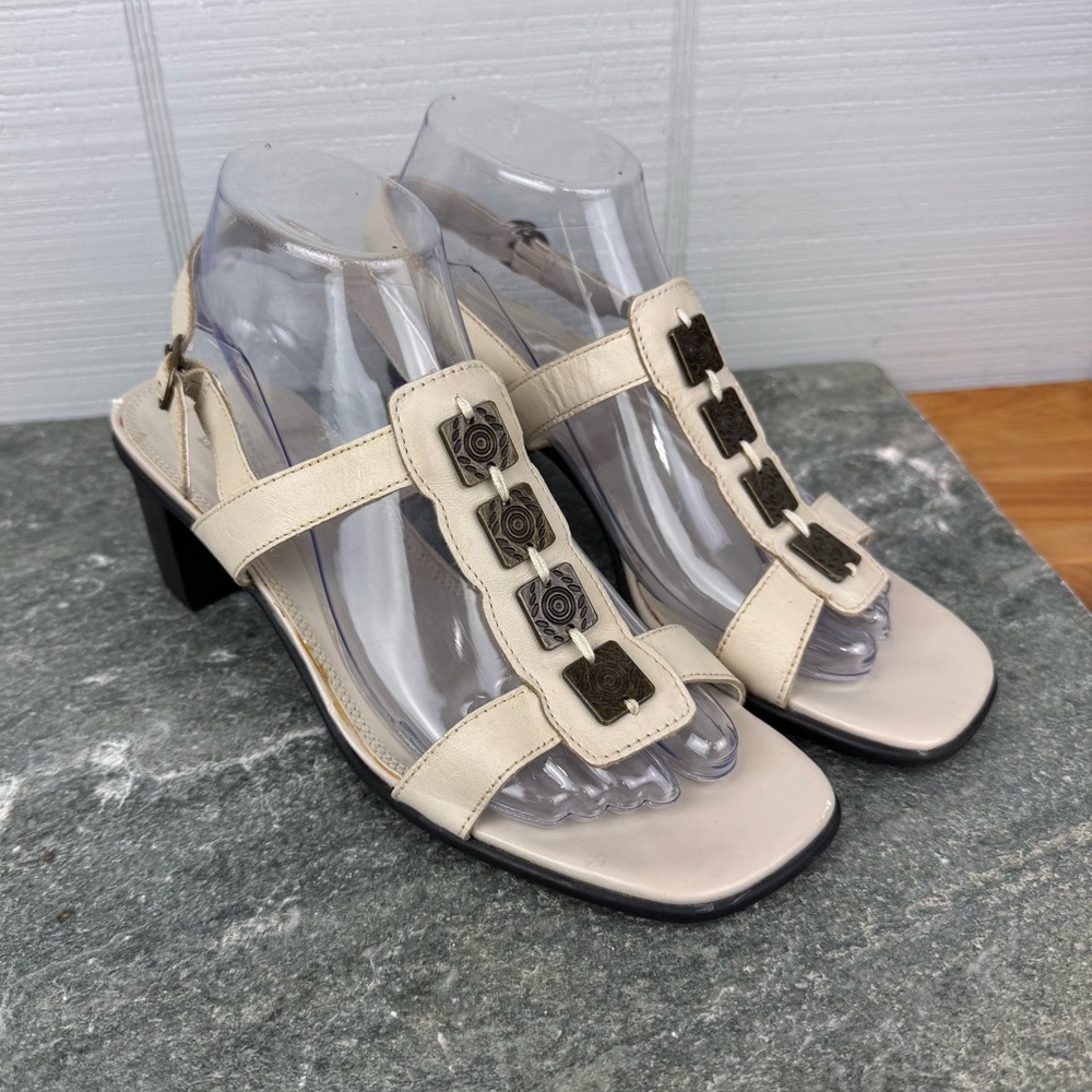 Classic Elements Ivory Slingback Open Toe Block Heel Sandal Metal Embellishments